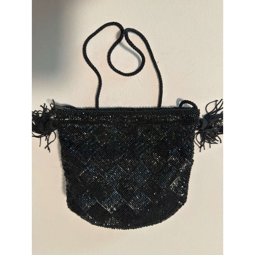Danieli Vintage Black Beaded Crossbody Bag Hand Made Tassel Evening Purse